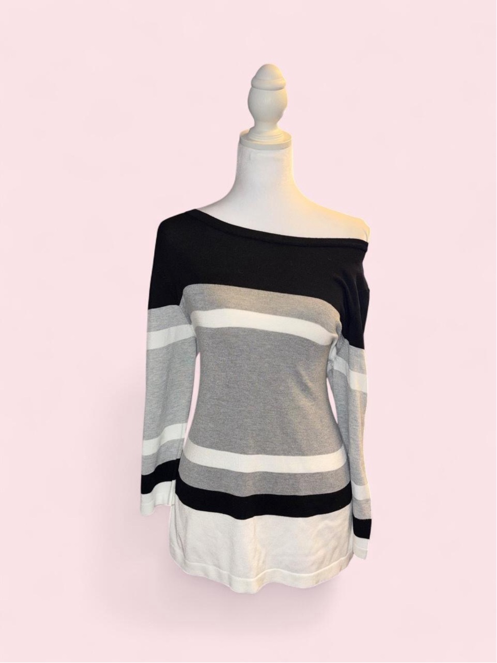Striped Off-Shoulder Women’s Sweater - Black & Gray